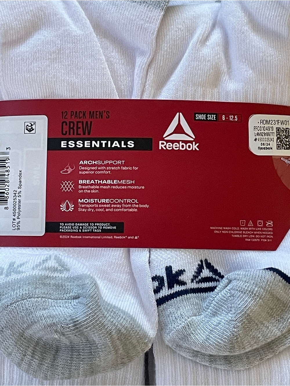 Reebok Men's White Crew Athletic Socks - Pack - Picture 3 of 4
